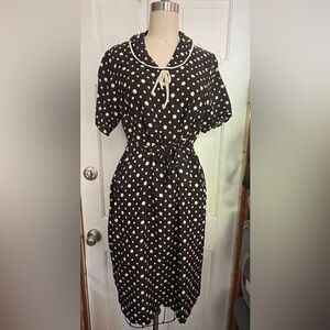 Vintage Black and White Polka Dot Midi Dress with Optional Waist Tie